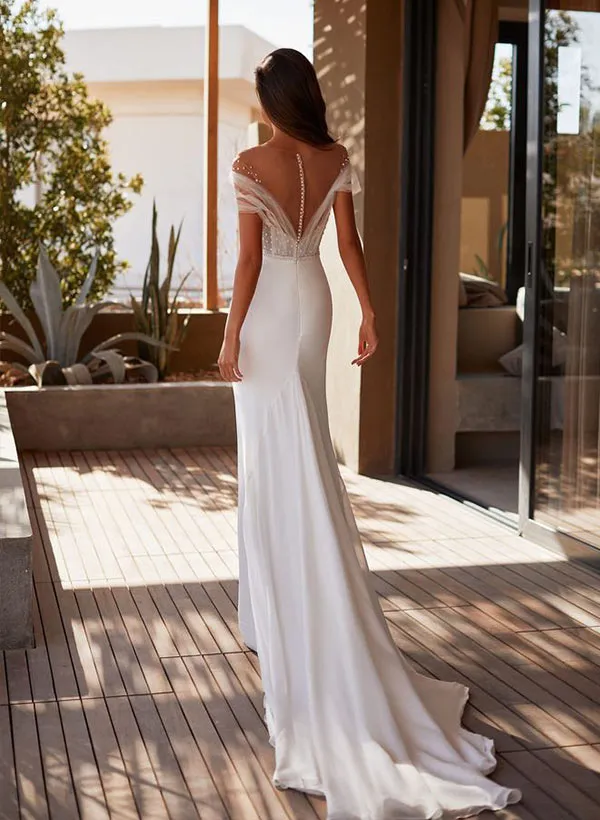 Illusion Neck Short Sleeves Sweep Train Elastic Satin Wedding Dress With Beading