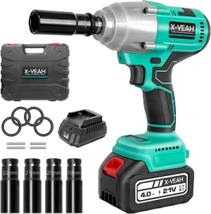 Impact Wrench - 1/2" Impact Gun, Power Impact Driver Max Torque 406 Ft-lbs(550N.m), Cordless Impact Wrench with 21V 4.0Ah Li-ion Battery & Charger,4 PCS Impact Sockets