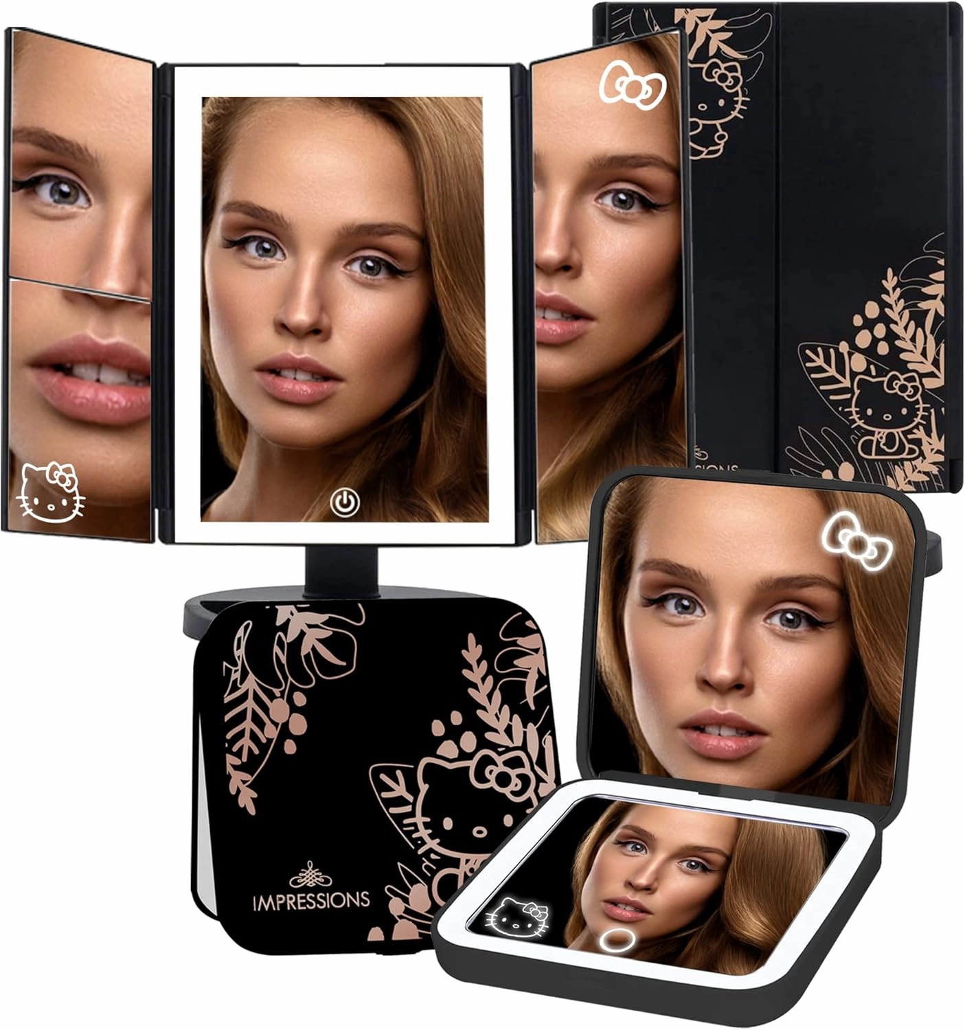 Impressions Vanity Hello Kitty Lighted Makeup Mirrors Bundle, Supercute Trifold and Compact Mirror with LED Lights, Magnification, Touch Screen, Travel Accessories Portable Hand Mirror (Black)