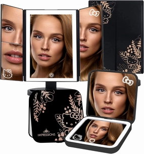 Impressions Vanity Hello Kitty Lighted Makeup Mirrors Bundle, Supercute Trifold and Compact Mirror with LED Lights, Magnification, Touch Screen, Travel Accessories Portable Hand Mirror (Black)