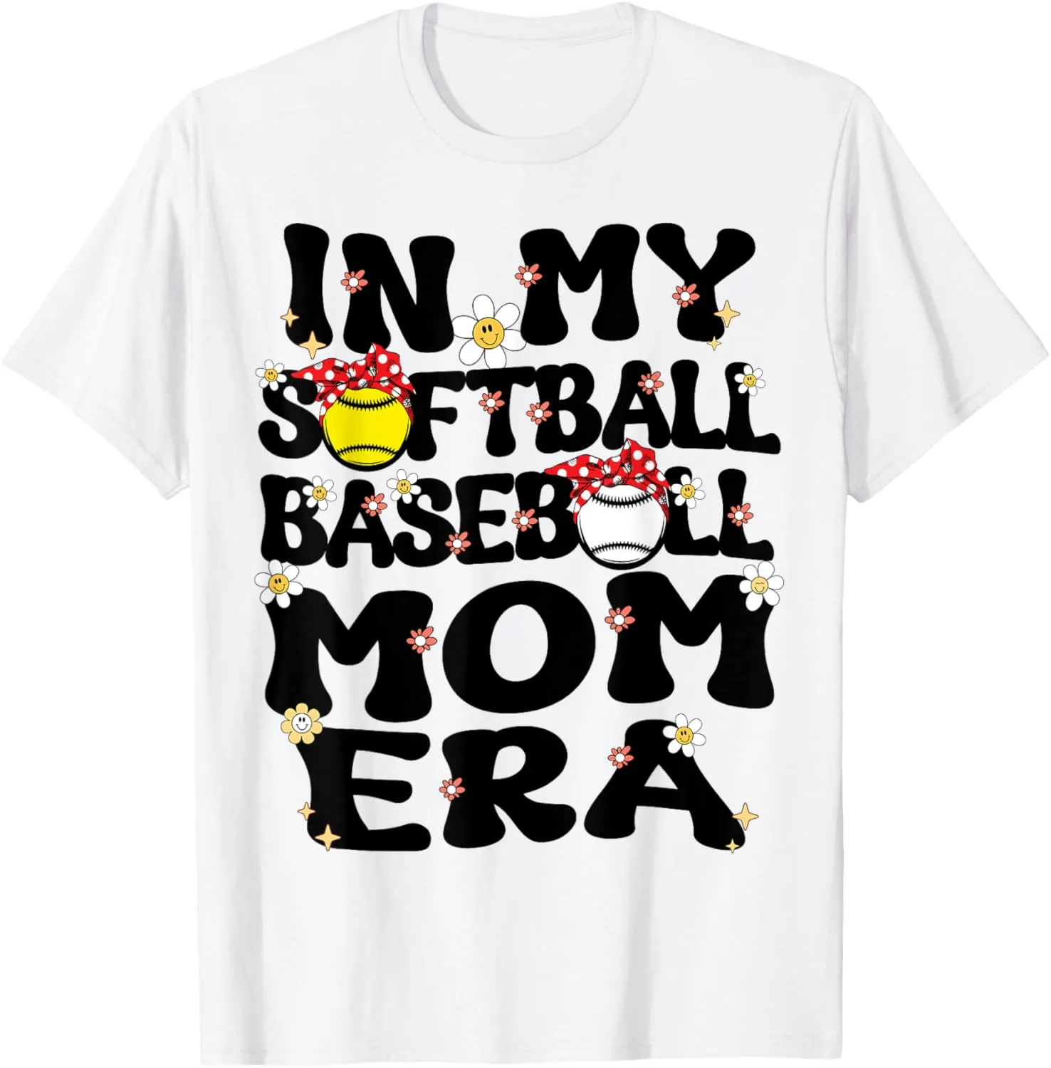 In My Softball Baseball Mom Era Retro Groovy Mom Of Both T-Shirt