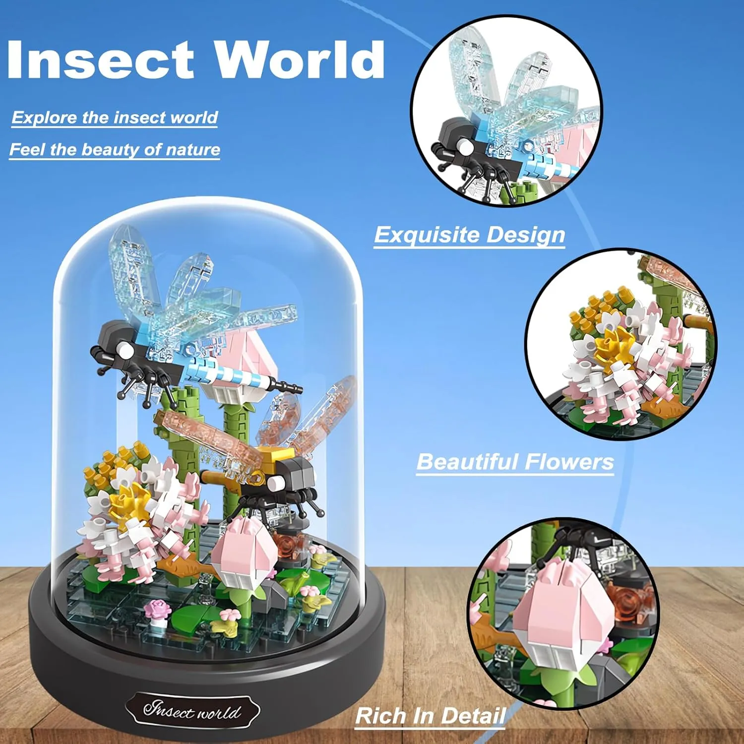 Insect Flowers Collection Building Set with Dust Cover, Animals Flower Plants Bug Botanical Set for Nature Decor, STEM Mini Bricks Birthday Gift for 12  Women Boys Girls(Dragonfly
