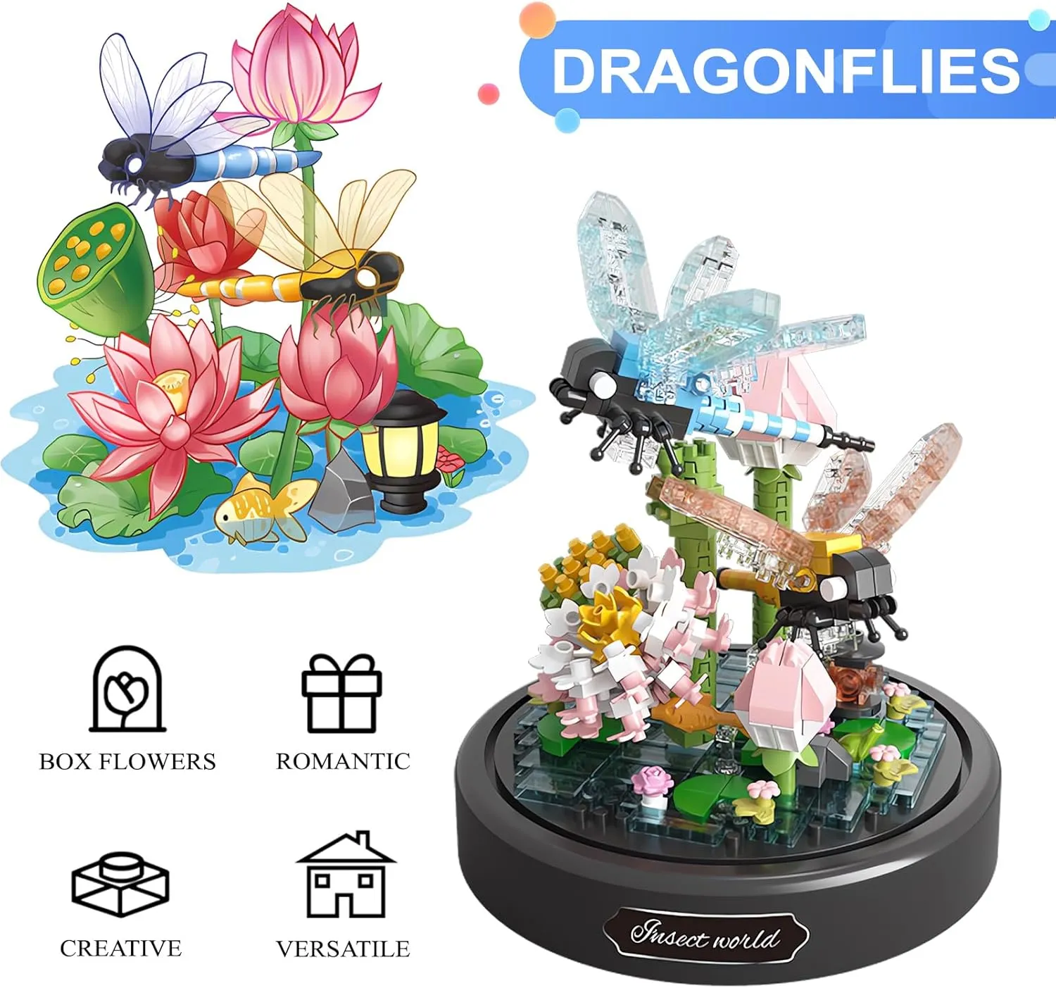 Insect Flowers Collection Building Set with Dust Cover, Animals Flower Plants Bug Botanical Set for Nature Decor, STEM Mini Bricks Birthday Gift for 12  Women Boys Girls(Dragonfly