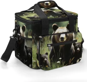 Insulated Camping Cooler Bag, Mama Bear and Cubs Print Ice Pack with Leakproof Lining 22.5L Capacity Portable Thermal Bag for Camping,Picnic