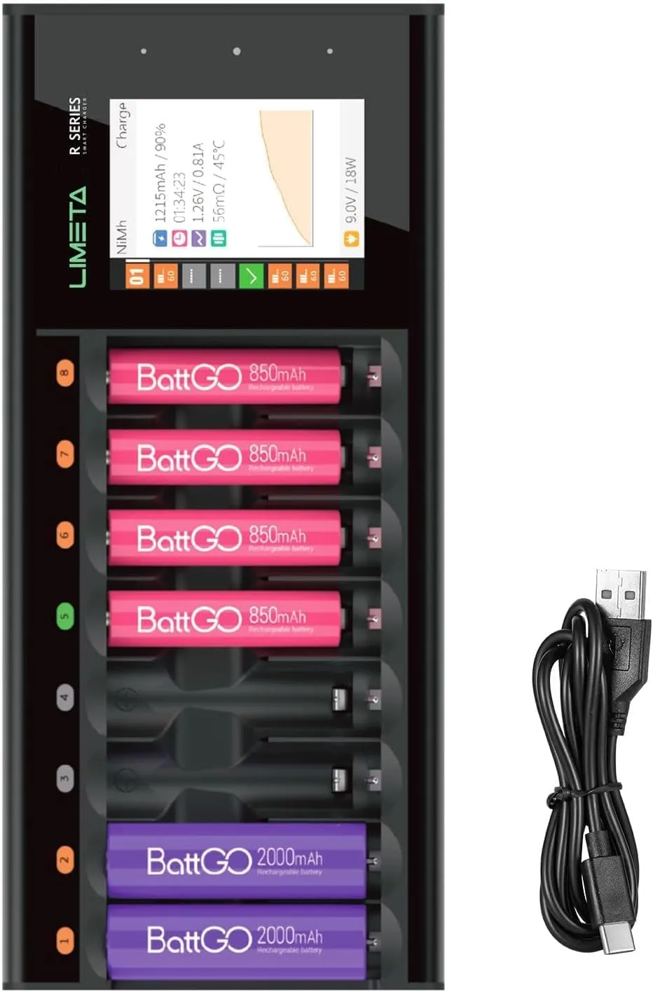 ISDT N8 8-Slots Fast Speedy Battery Charger with LCD Display,Type-C QC3.0 Output,Rechargeable Battery Charger for AA AAA Li-lon LiHv Ni-MH Ni-Cd LiFePO4