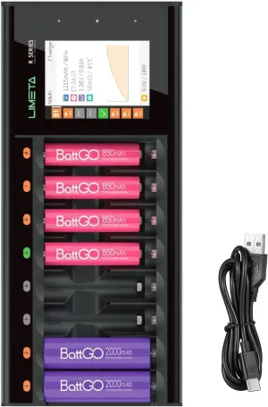 ISDT N8 8-Slots Fast Speedy Battery Charger with LCD Display,Type-C QC3.0 Output,Rechargeable Battery Charger for AA AAA Li-lon LiHv Ni-MH Ni-Cd LiFePO4