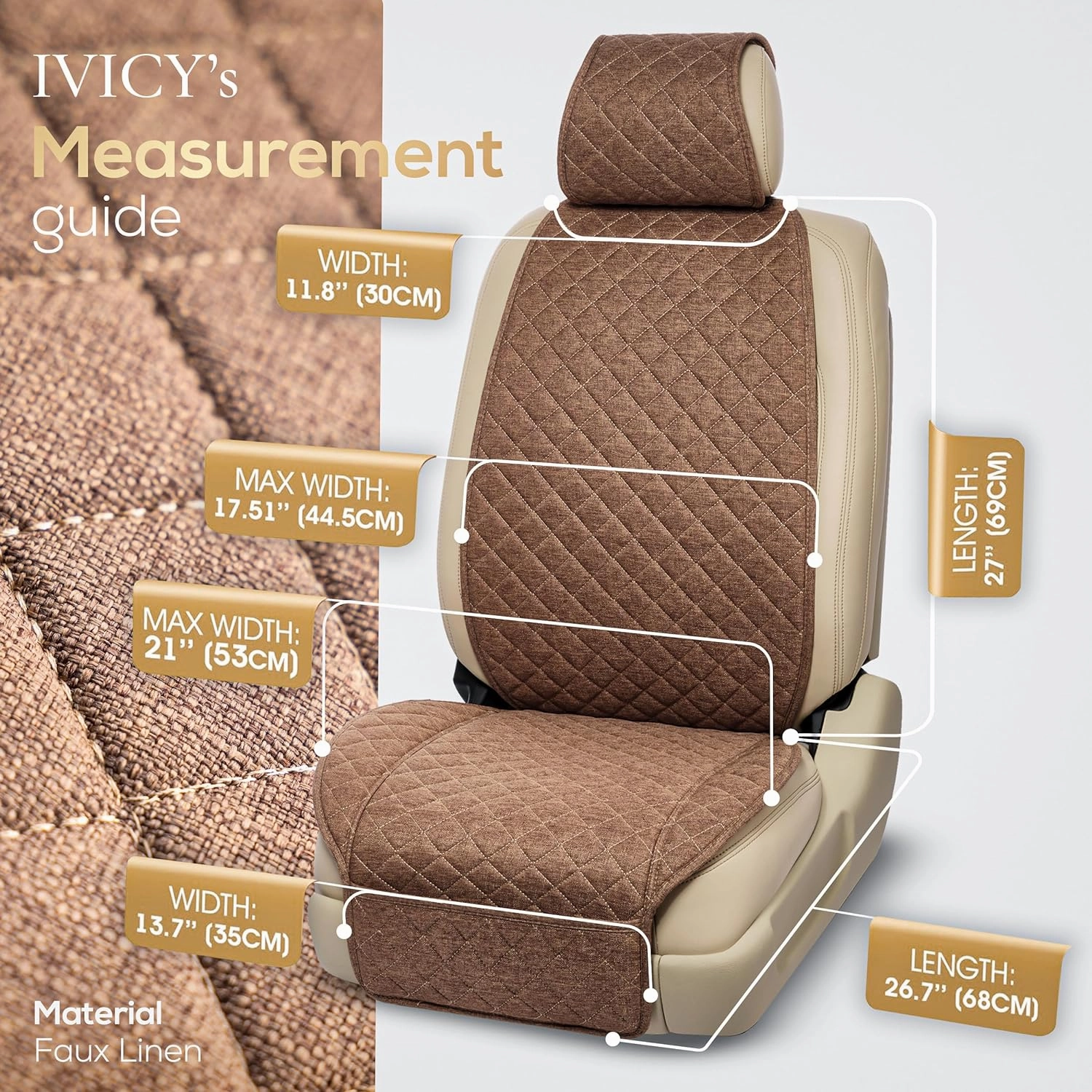 IVICY Linen Car Seat Cover for Cars - Non-Slip Soft & Breathable - Front Car Seat Protector Covers Universal Fits Most Automotive, Vans, SUVs, Trucks - 1 Unit - Brown