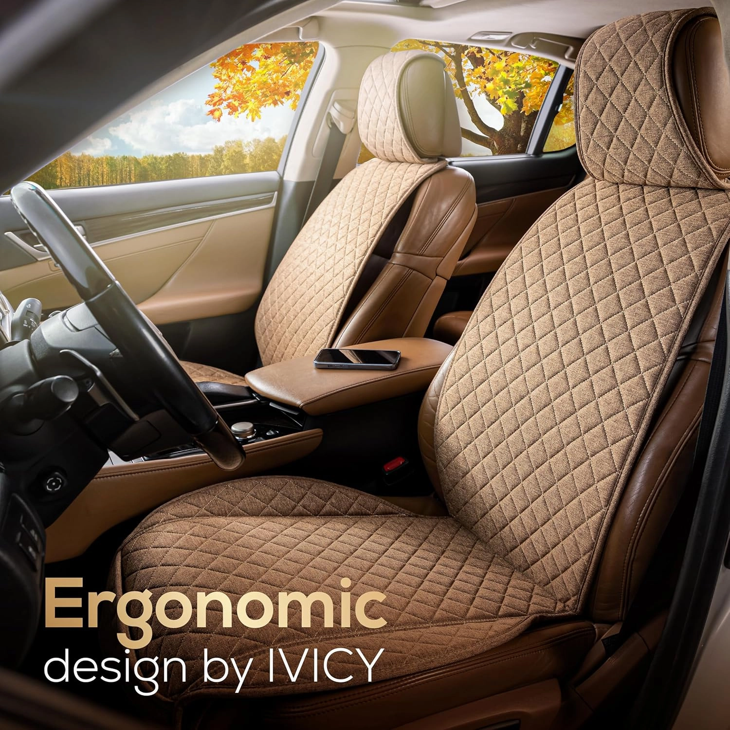 IVICY Linen Car Seat Cover for Cars - Non-Slip Soft & Breathable - Front Car Seat Protector Covers Universal Fits Most Automotive, Vans, SUVs, Trucks - 1 Unit - Brown