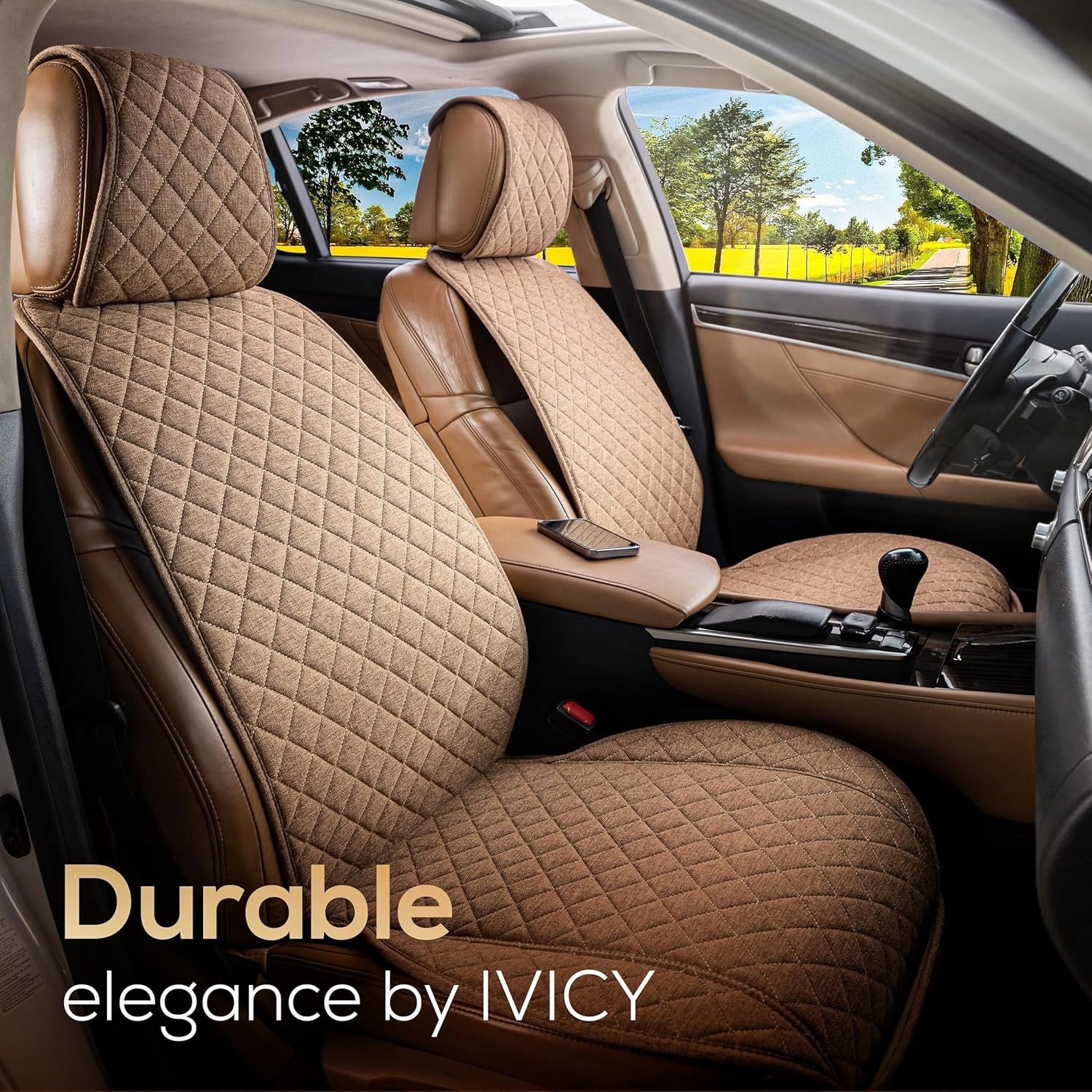 IVICY Linen Car Seat Cover for Cars - Non-Slip Soft & Breathable - Front Car Seat Protector Covers Universal Fits Most Automotive, Vans, SUVs, Trucks - 1 Unit - Brown