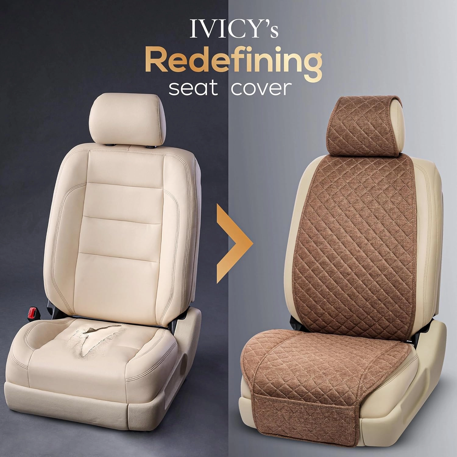 IVICY Linen Car Seat Cover for Cars - Non-Slip Soft & Breathable - Front Car Seat Protector Covers Universal Fits Most Automotive, Vans, SUVs, Trucks - 1 Unit - Brown