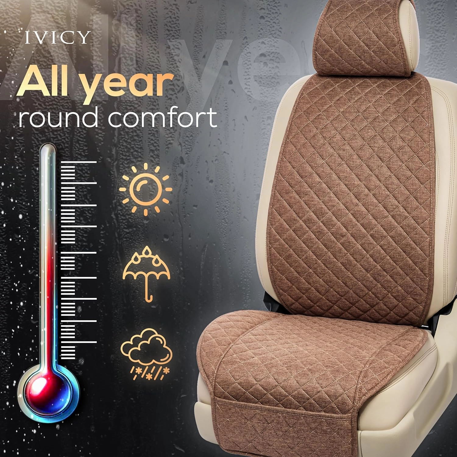 IVICY Linen Car Seat Cover for Cars - Non-Slip Soft & Breathable - Front Car Seat Protector Covers Universal Fits Most Automotive, Vans, SUVs, Trucks - 1 Unit - Brown