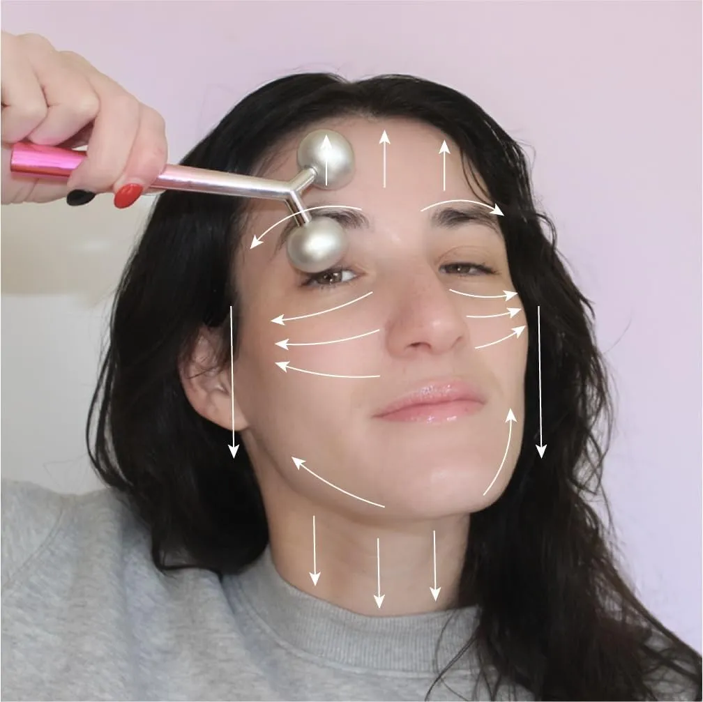 Ivy mwein Facial and Body Color Roller Massager, Y-Shaped Cooling Metal Contour to Reduce Puffiiness, Face Lift, Anti Aging, Skin Tightening, Reduce Wrinkles (Silver/Pink Ombre, 5.5 in.)