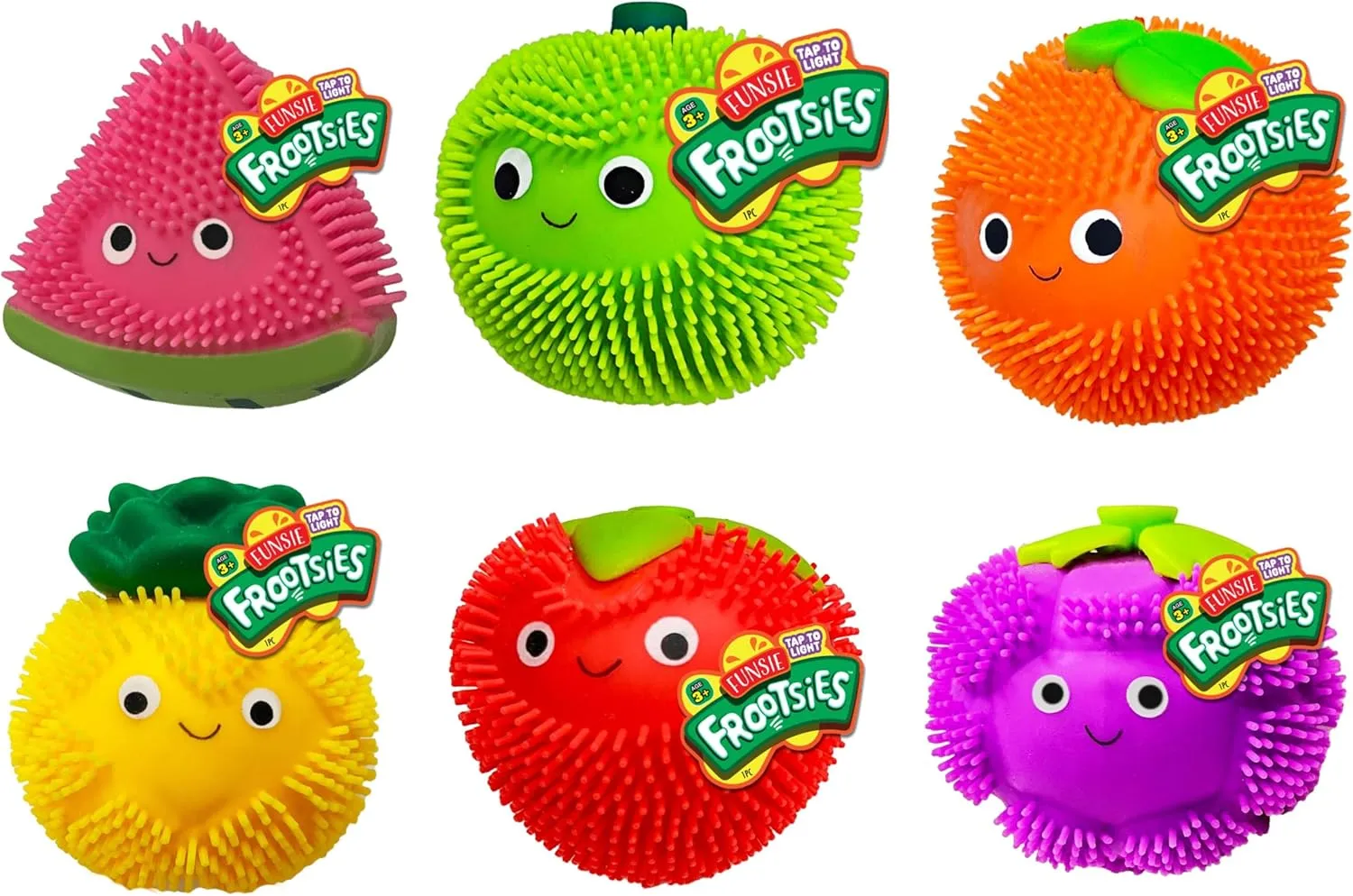 JA-RU Funsie Frootsies Light-Up Squeezy Toy (6 Units Assorted) Juicy Squishy Cute Fruit Tap to Light. Stretchy Foodie Stress Relief Sensory Toys for Kids, Teen, & Adult. Party Favor Fidget. 3906-6