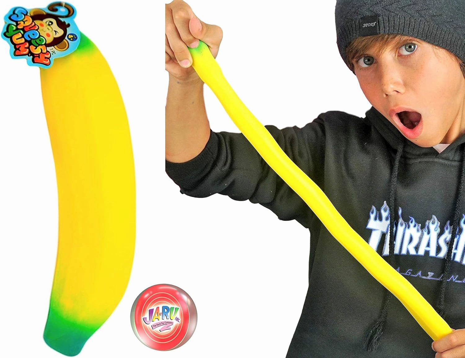 JA-RU Stretchy Banana Toy (12 Fidget Toy Pack) Slow Rising Squishy Fake Banana for Kids. Sand Filled Stress Relief Toy. Gag Gift. Fruit Themed Party Supplies. 3340-12p