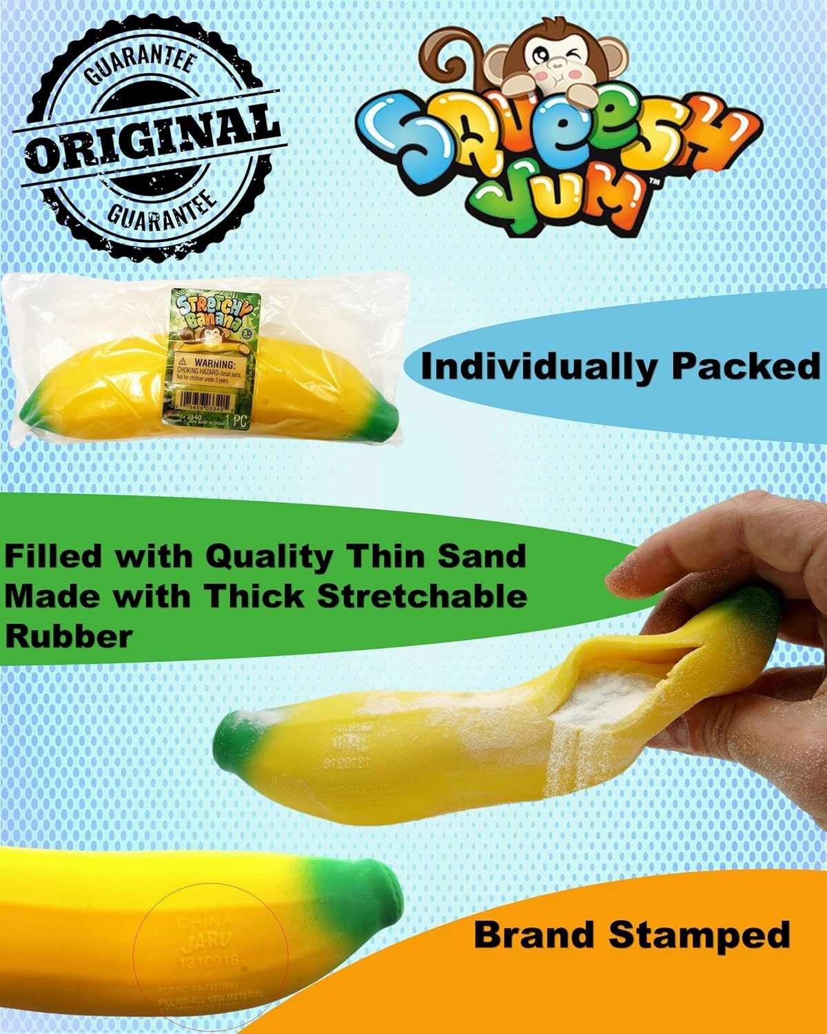 JA-RU Stretchy Banana Toy (12 Fidget Toy Pack) Slow Rising Squishy Fake Banana for Kids. Sand Filled Stress Relief Toy. Gag Gift. Fruit Themed Party Supplies. 3340-12p