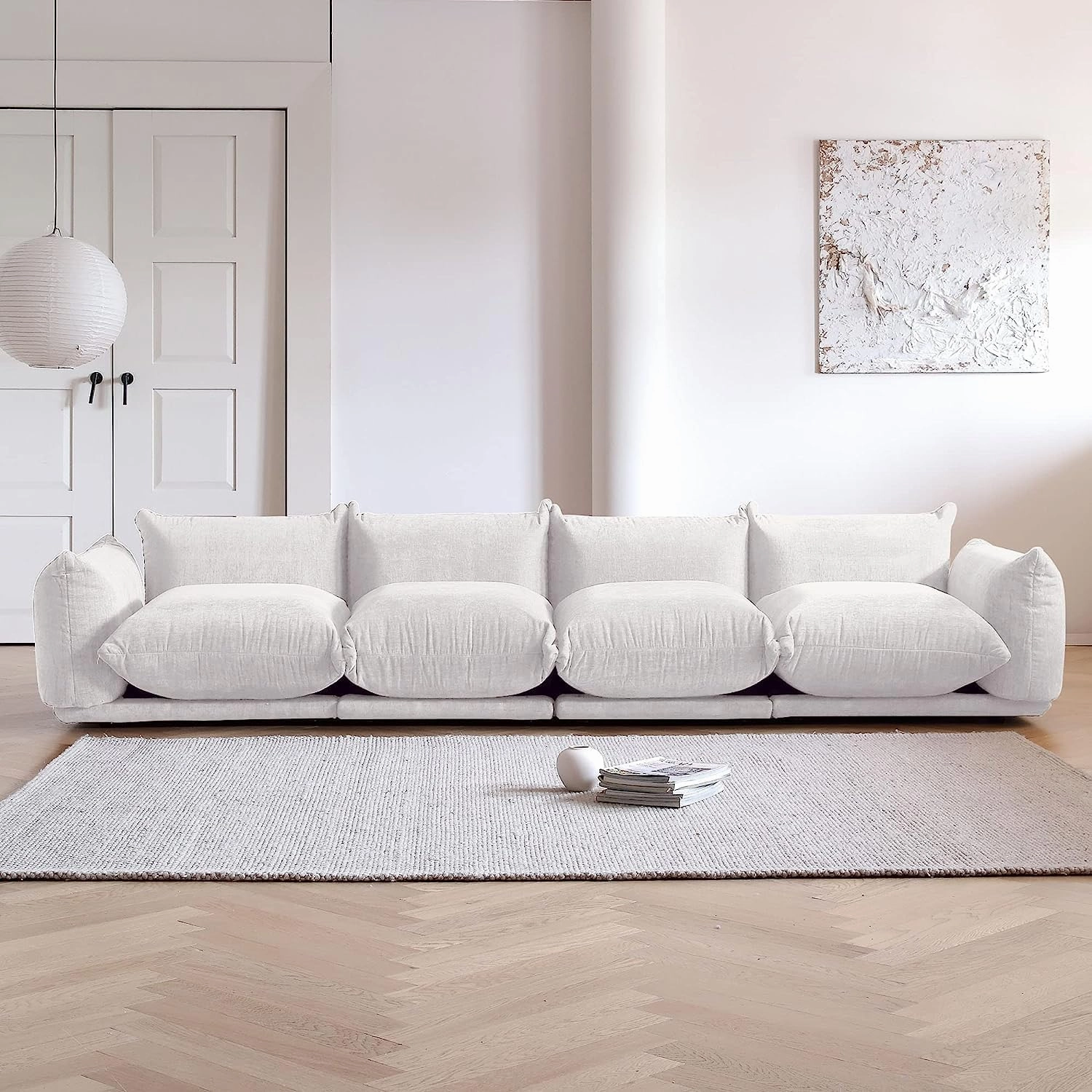 JACH Mid-Century Modern 4 Seater Couch, Chenille Sectional Sofa 4 Seats Modular Couches with Thick Cushion, 130" Plush Sofas Furniture for Living Room Bedroom Office Apartment, White