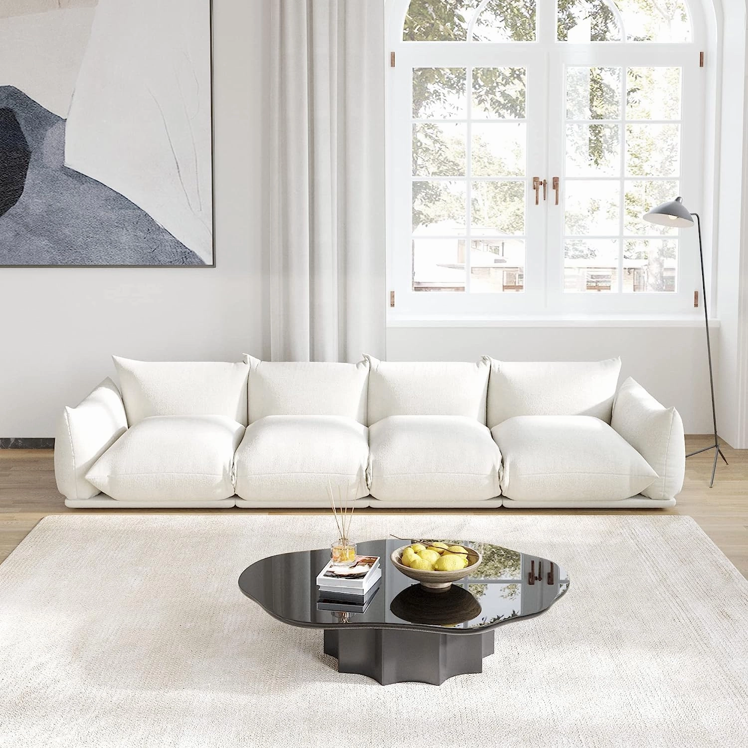 JACH Mid-Century Modern 4 Seater Couch, Chenille Sectional Sofa 4 Seats Modular Couches with Thick Cushion, 130" Plush Sofas Furniture for Living Room Bedroom Office Apartment, White