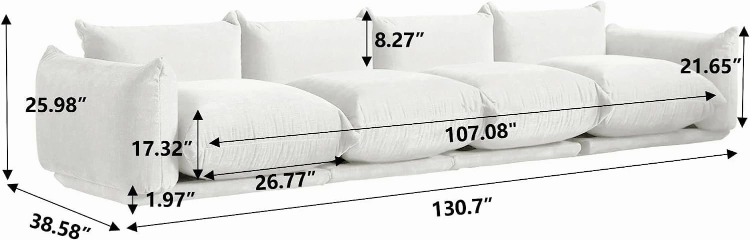 JACH Mid-Century Modern 4 Seater Couch, Chenille Sectional Sofa 4 Seats Modular Couches with Thick Cushion, 130" Plush Sofas Furniture for Living Room Bedroom Office Apartment, White