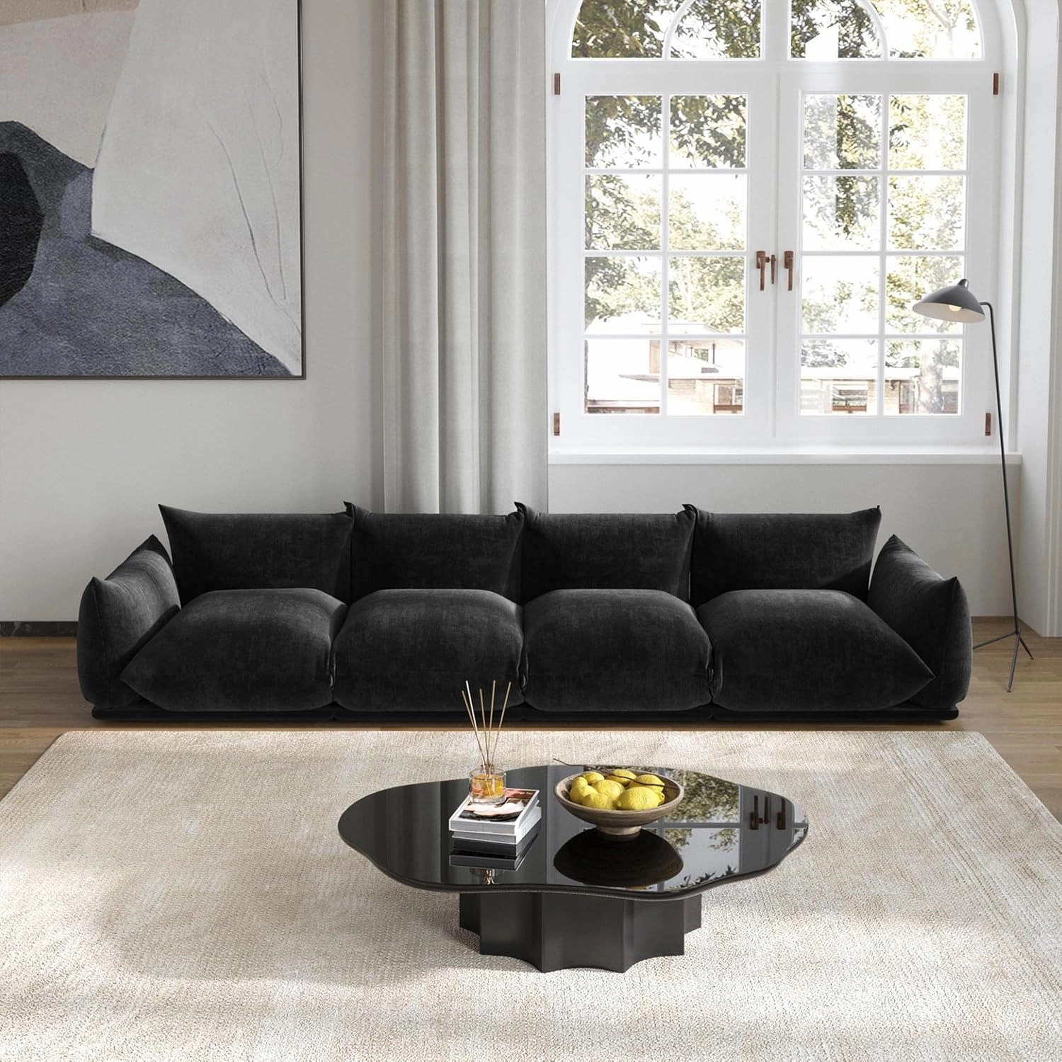 JACH Mid-Century Modern 4 Seater Sectional Couch, Chenille Sectional Sofa, Comfy Modular Couches with Thick Cushion, 130" Plush Sofas Furniture for Living Room Bedroom Office Apartment, Black