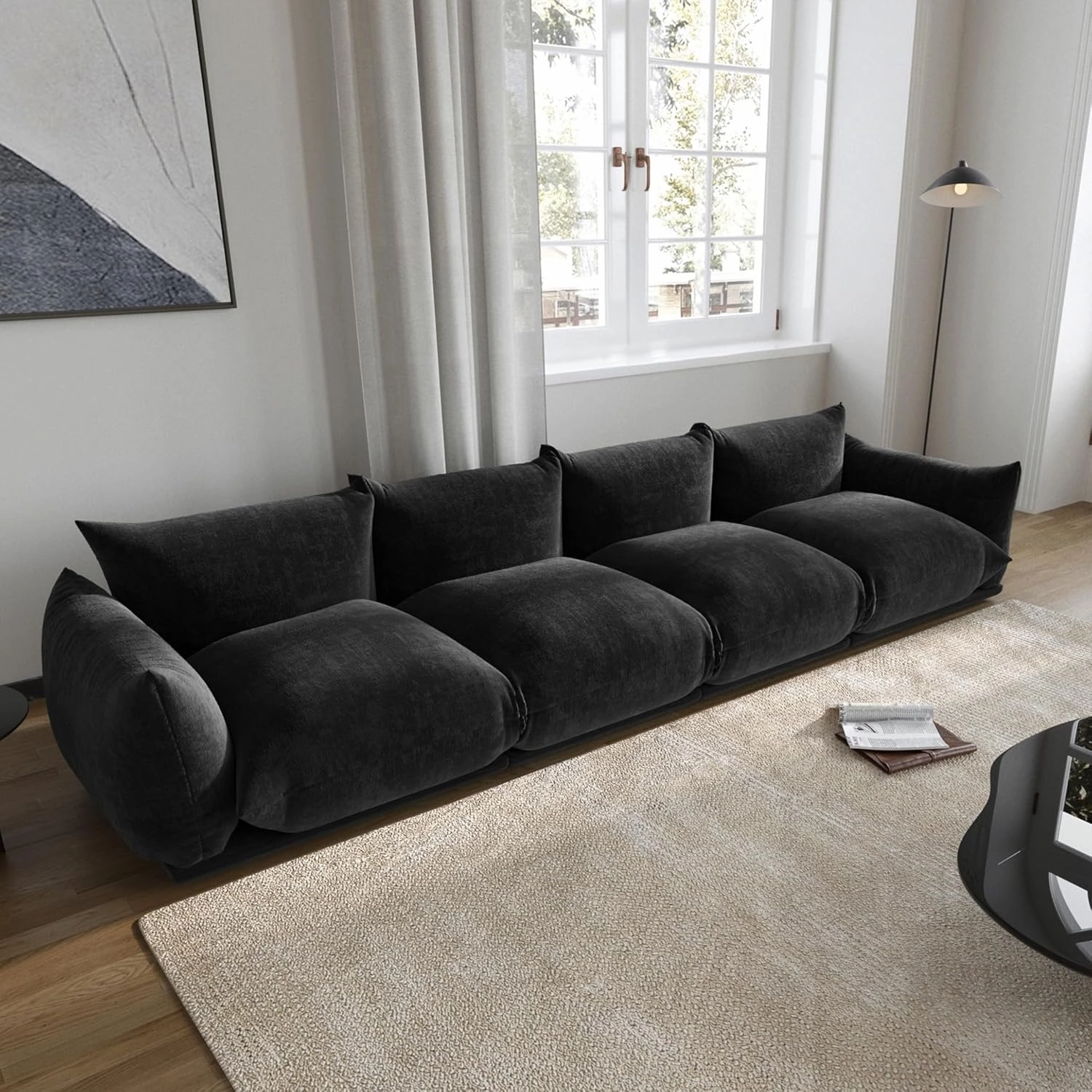 JACH Mid-Century Modern 4 Seater Sectional Couch, Chenille Sectional Sofa, Comfy Modular Couches with Thick Cushion, 130" Plush Sofas Furniture for Living Room Bedroom Office Apartment, Black