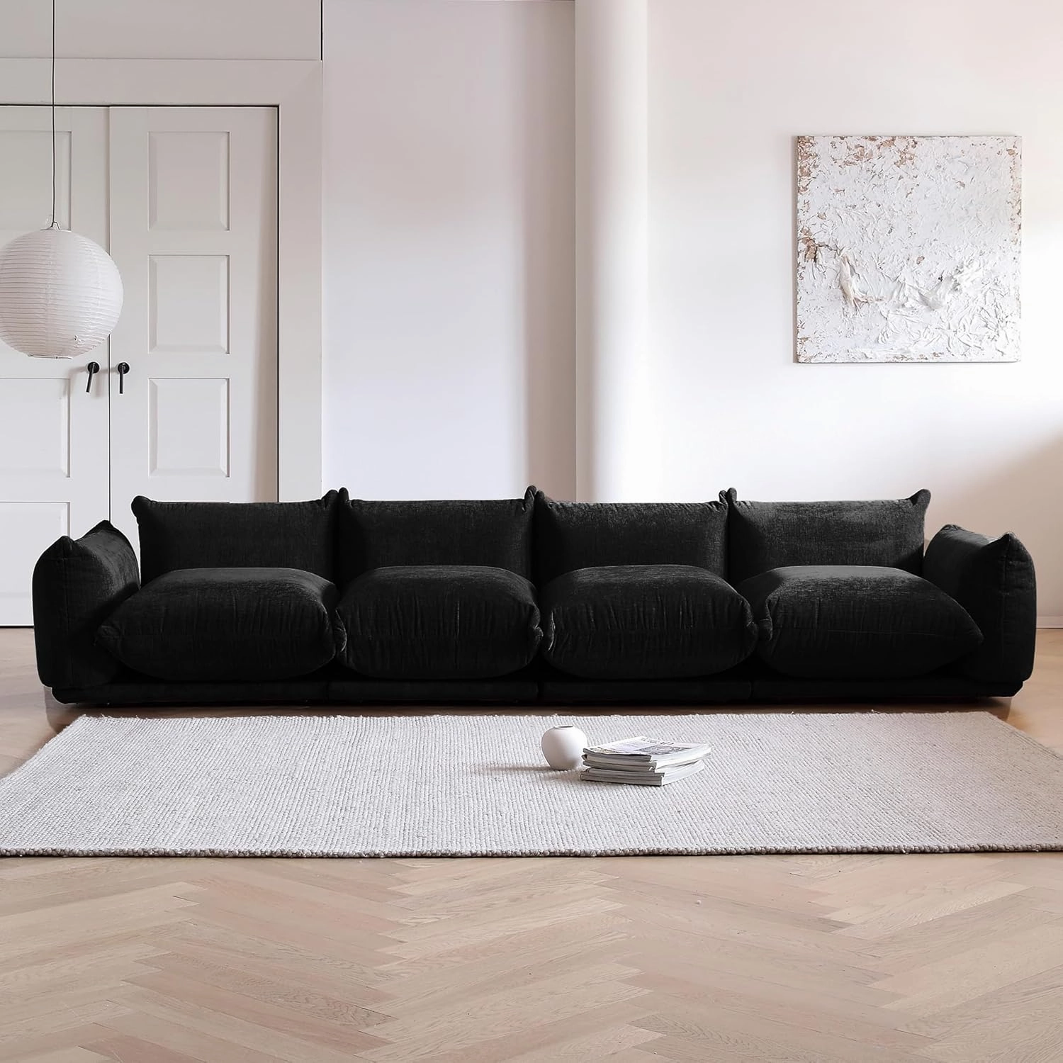 JACH Mid-Century Modern 4 Seater Sectional Couch, Chenille Sectional Sofa, Comfy Modular Couches with Thick Cushion, 130" Plush Sofas Furniture for Living Room Bedroom Office Apartment, Black