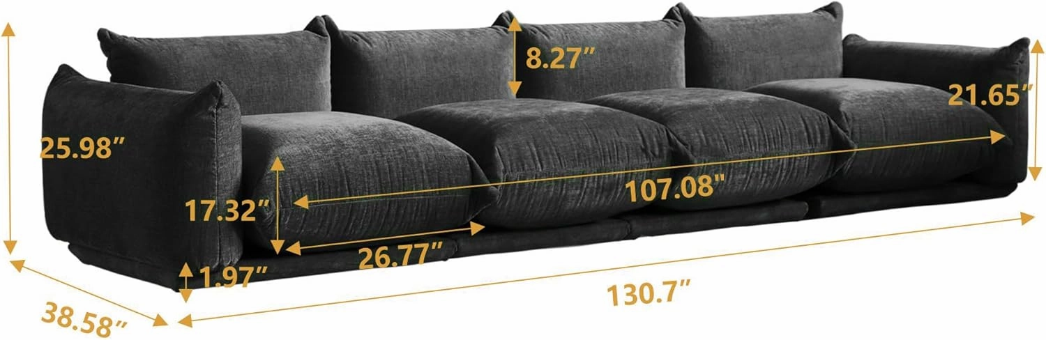JACH Mid-Century Modern 4 Seater Sectional Couch, Chenille Sectional Sofa, Comfy Modular Couches with Thick Cushion, 130" Plush Sofas Furniture for Living Room Bedroom Office Apartment, Black