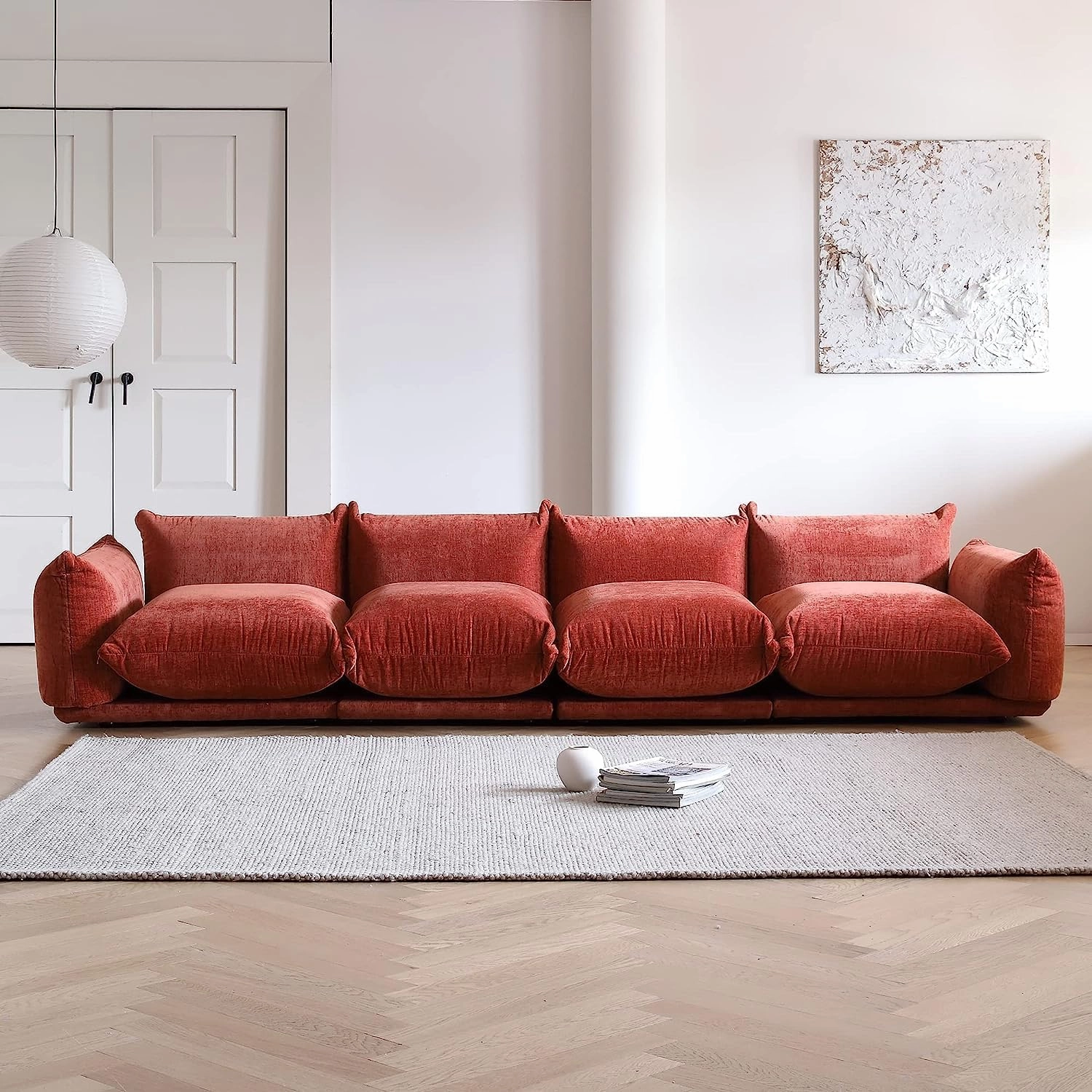 JACH Mid-Century Modern Large 4 Seater Couch, Chenille Sectional Sofa 4 Seats Modular Couches with Thick Cushion, 130" Plush Sofas Furniture for Living Room Bedroom Office Apartment, Red