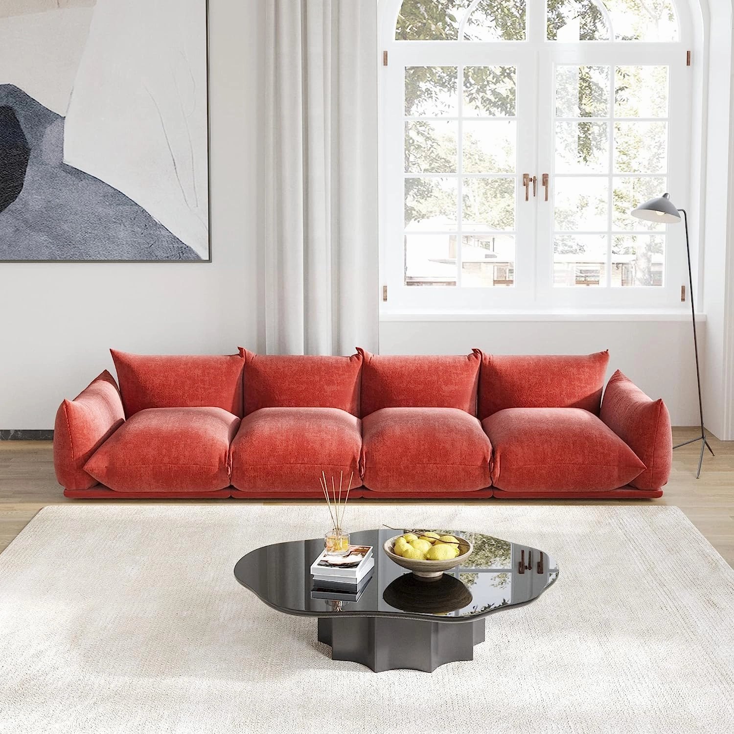 JACH Mid-Century Modern Large 4 Seater Couch, Chenille Sectional Sofa 4 Seats Modular Couches with Thick Cushion, 130" Plush Sofas Furniture for Living Room Bedroom Office Apartment, Red