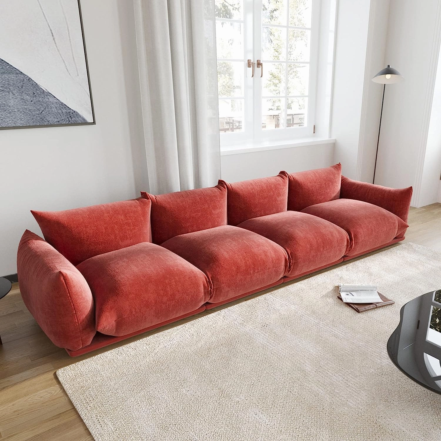 JACH Mid-Century Modern Large 4 Seater Couch, Chenille Sectional Sofa 4 Seats Modular Couches with Thick Cushion, 130" Plush Sofas Furniture for Living Room Bedroom Office Apartment, Red