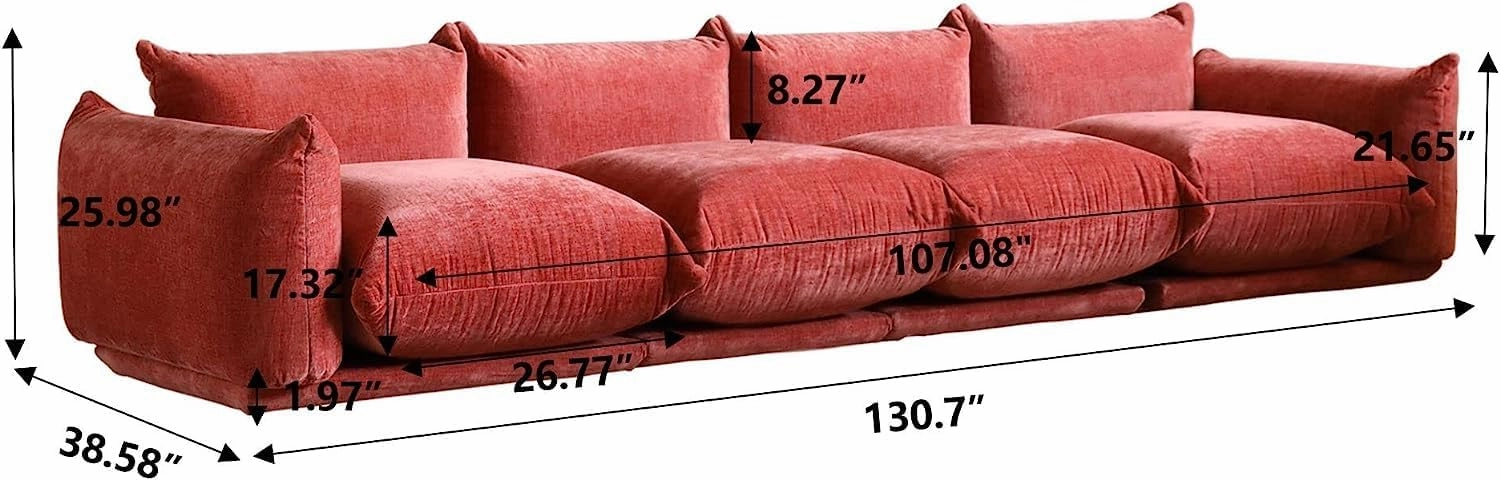 JACH Mid-Century Modern Large 4 Seater Couch, Chenille Sectional Sofa 4 Seats Modular Couches with Thick Cushion, 130" Plush Sofas Furniture for Living Room Bedroom Office Apartment, Red