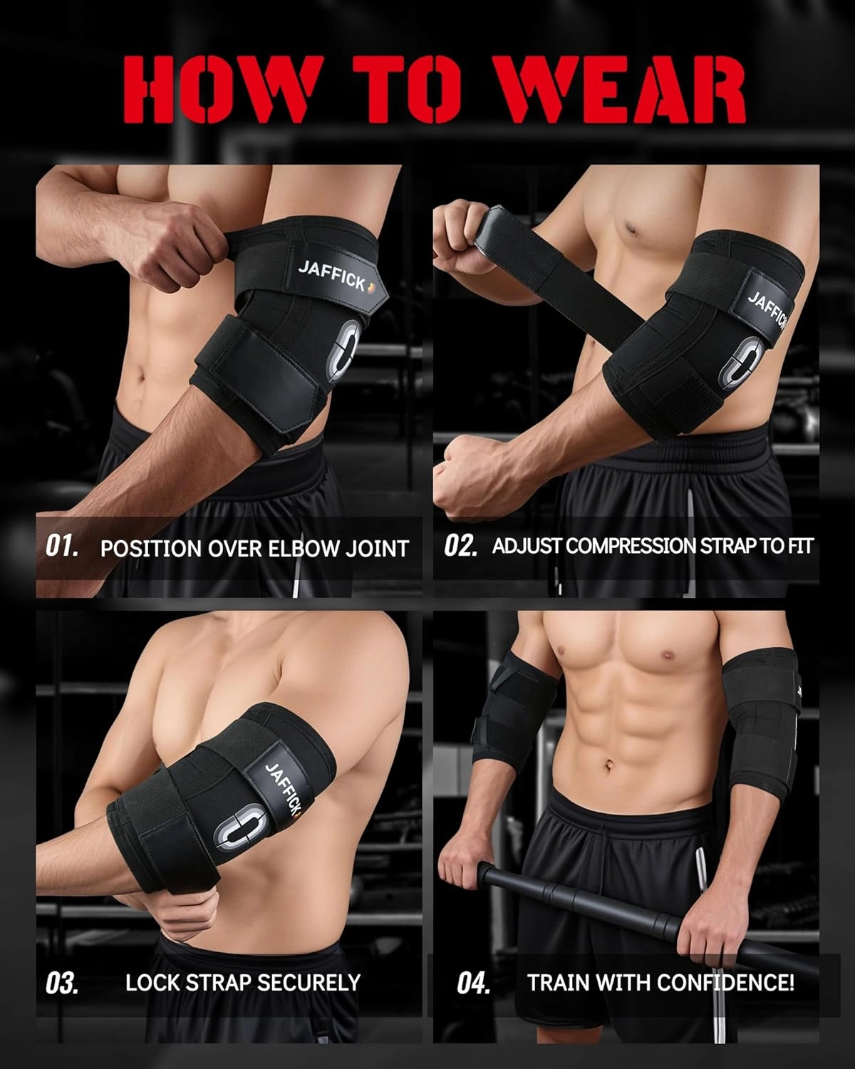 Jaffick Weightlifting Elbow Brace - Elbow Sleeve with Dual Adjustable Compression Straps for Bench Press, Powerlifting, Pressing, Men & Women (1 Pair) (Black, M)