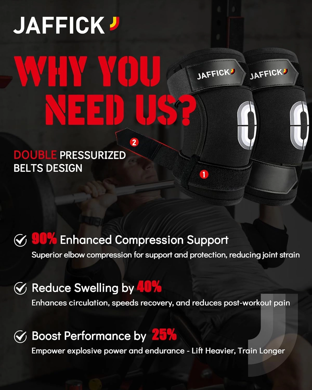 Jaffick Weightlifting Elbow Brace - Elbow Sleeve with Dual Adjustable Compression Straps for Bench Press, Powerlifting, Pressing, Men & Women (1 Pair) (Black, M)