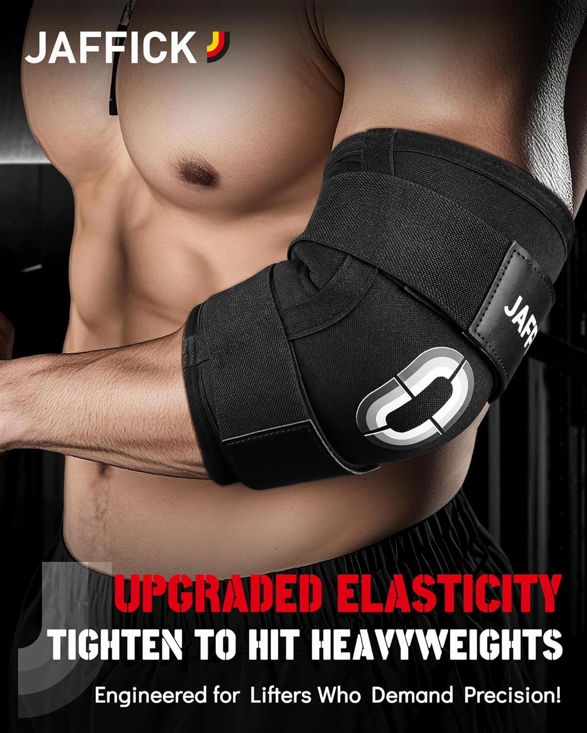 Jaffick Weightlifting Elbow Brace - Elbow Sleeve with Dual Adjustable Compression Straps for Bench Press, Powerlifting, Pressing, Men & Women (1 Pair) (Black, M)