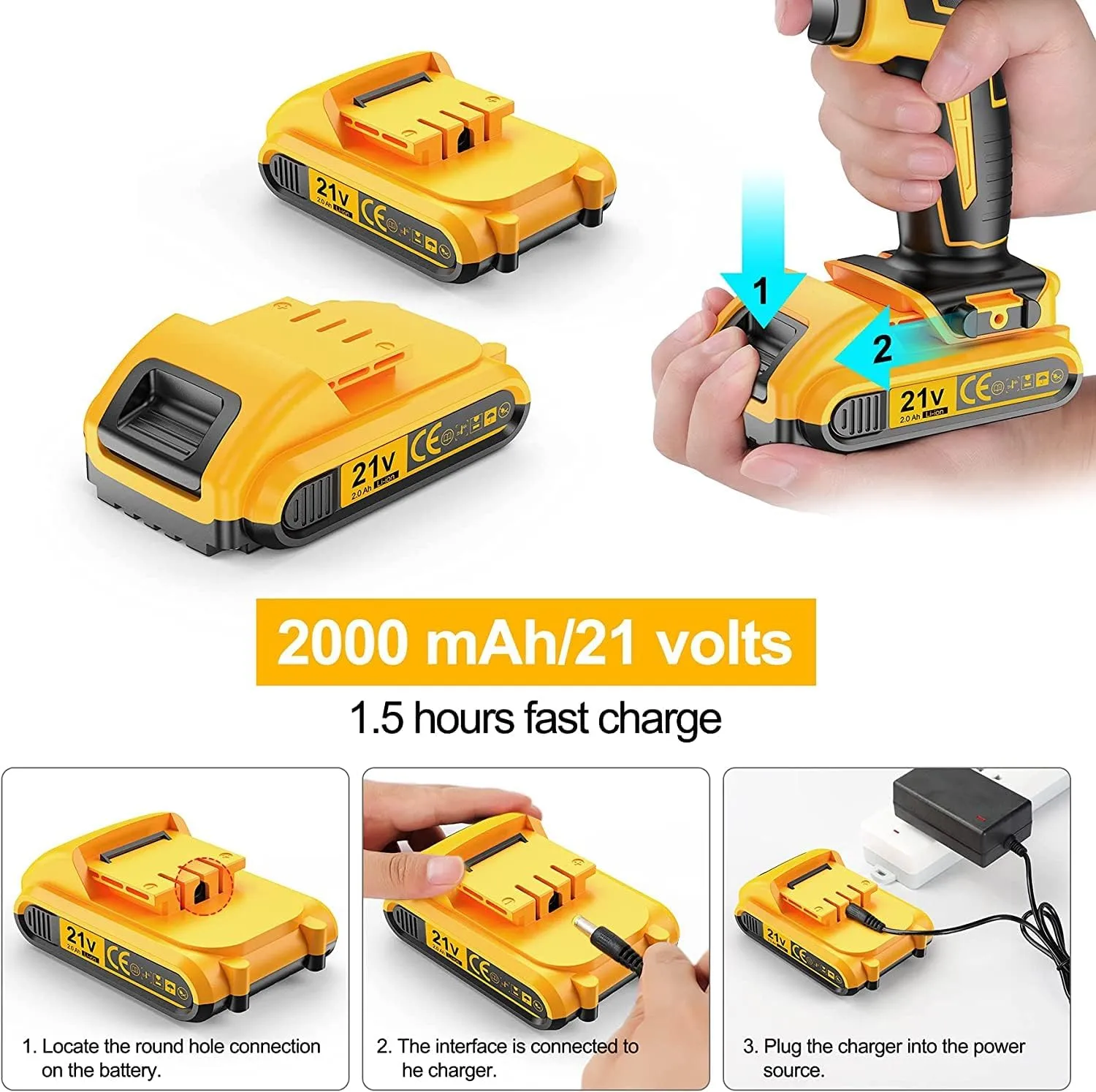 JayLene 21V Cordless Drill Set, Power Drill 59Pcs with 3/8 Inch Keyless Chuck, 25 3 Clutch Electric Drill with Work Light, Max torque 45Nm, 2-Variable Speed & 2 Batteries and Fast Charger