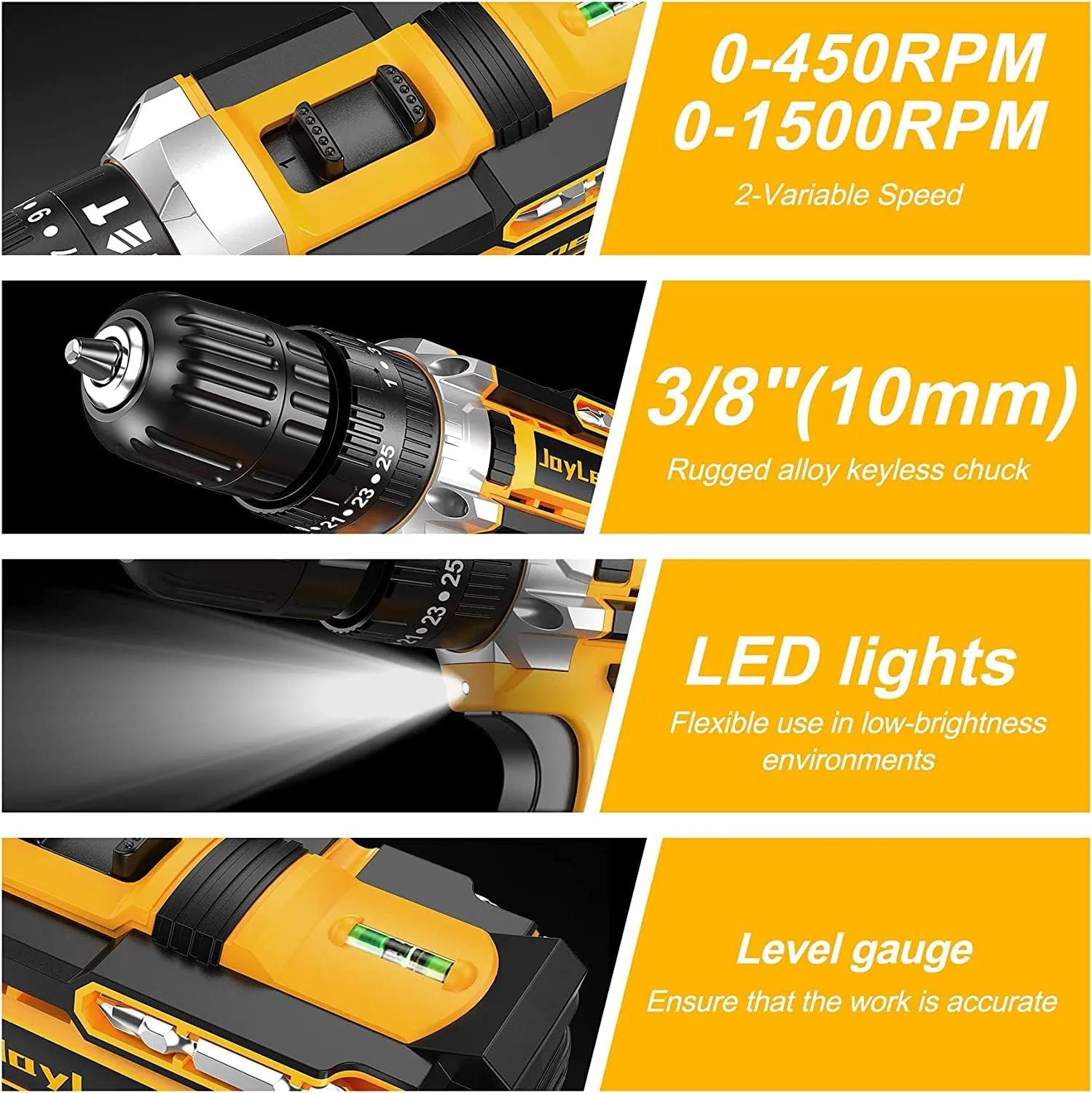 JayLene 21V Cordless Drill Set, Power Drill 59Pcs with 3/8 Inch Keyless Chuck, 25 3 Clutch Electric Drill with Work Light, Max torque 45Nm, 2-Variable Speed & 2 Batteries and Fast Charger