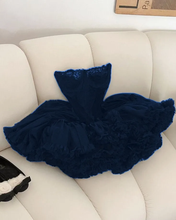 JazzHer Cute Ball Gown Strapless Black Ruffles Lace Homecoming Dress Short Birthday Outfits (PRE-ORDER)