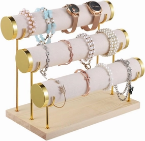 Jewelry Holder for Bangles, Watches, Necklaces, Desktop Jewelry Rack Organizer, Velvet Jewelry Holder with Wooden Base, Detachable 3-Tier Bracelet Holder, Bracelet Display Stand