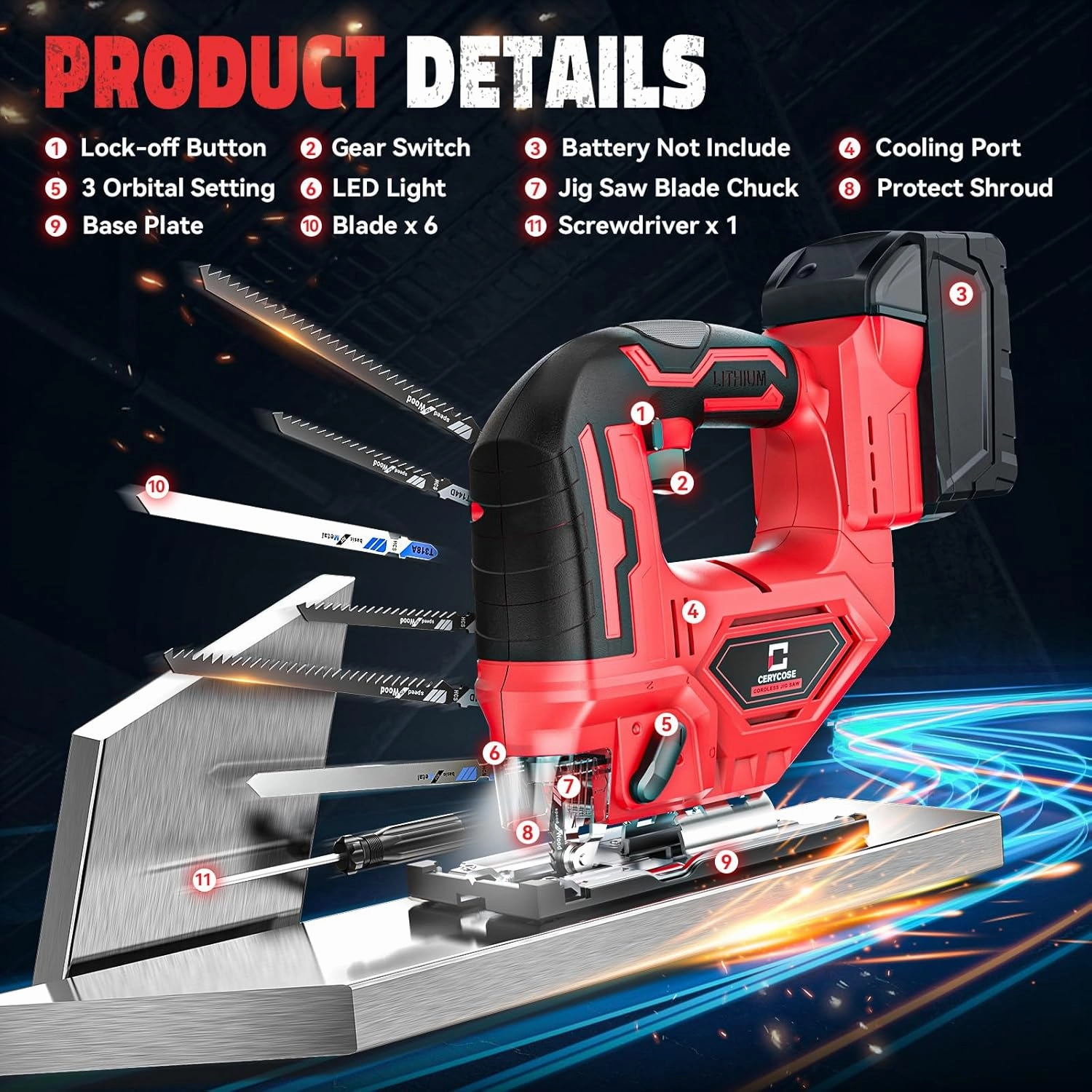 Jigsaw for Milwaukee 18V Battery, Cordless Jig Saw Tool, Brushless Motor, Variable Speed, Bevel Angle (0°-45°), LED Light with 3 Position Orbital Setting for Straight/Curve/Circle/Cutts (No Battery)