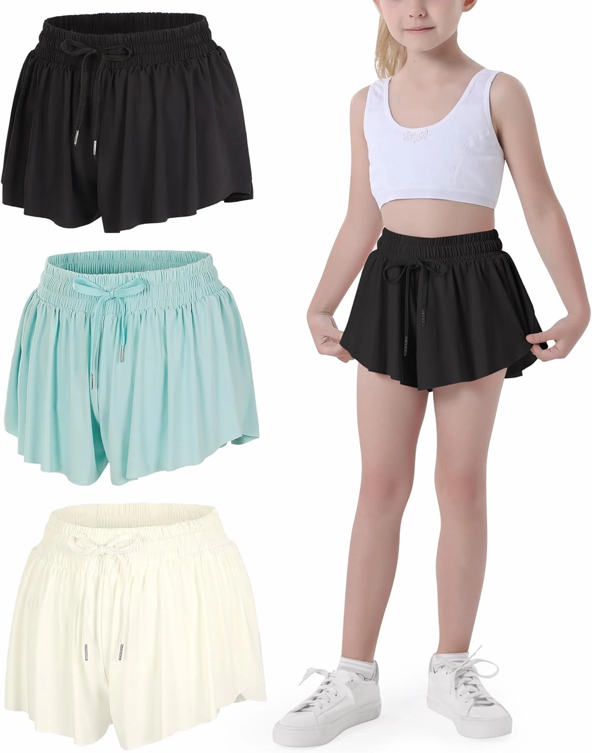 JOCMIC Girls Flowy Shorts, 2 in 1 Preppy Butterfly Shorts with Spandex Liner for Cheer Athletic Gym Teens Casual Clothes