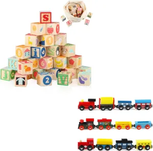 Joqutoys Wooden Alphabet Number Blocks for Toddlers 1-3, Wooden Train Set Toy Train Cars Magnetic for Kids
