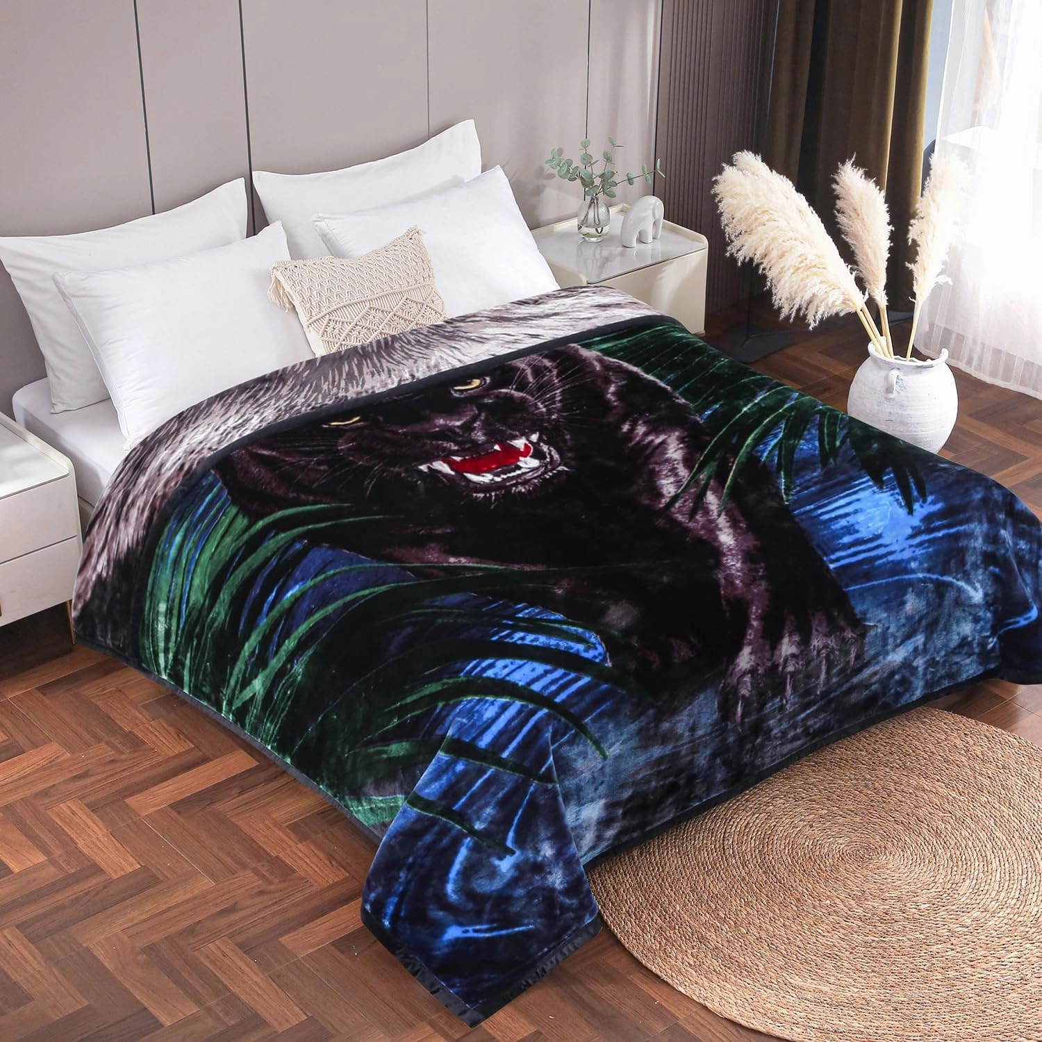 JYK Animal Print Blanket - Queen Size, 75'' x 87'', Thick & Warm for Winter, Soft Fuzzy Plush Microfiber Blanket - Black Panther/Lion