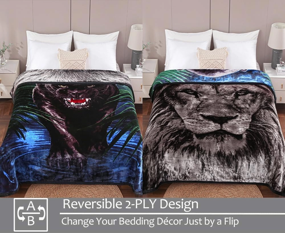 JYK Animal Print Blanket - Queen Size, 75'' x 87'', Thick & Warm for Winter, Soft Fuzzy Plush Microfiber Blanket - Black Panther/Lion