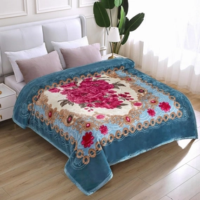 JYK Korean Mink Fleece Blanket King Size 83'' x 91'', 5.7 Pounds - 2 Ply Reversible Silky Soft Plush Warm, Flannel Cozy Blankets for Autumn, Winter - Blue/Peony