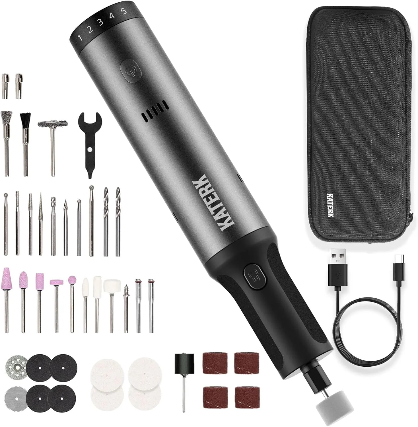 Katerk Cordless Rotary Tool, 7.2V 90W Aluminum Alloy Rechargeable Rotary Tool with 5 Speeds (10000-28000 RPM), Mini Engraving Pen with LED and 42 Accessories for Nail Grinding, Sanding, Cutting