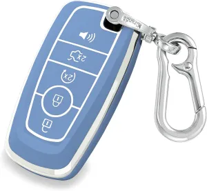 Key fob Cover case Keychain Compatible with Ford,Soft TPU Key case fit Expedition for Mustang Fusion Raptor F250 F350 F450 F550 Edge Explorer Smart Remote,5 Buttons Silver Blue