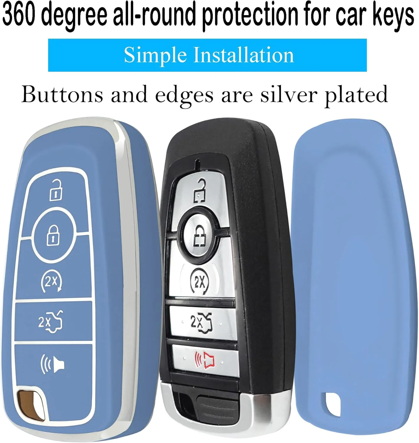 Key fob Cover case Keychain Compatible with Ford,Soft TPU Key case fit Expedition for Mustang Fusion Raptor F250 F350 F450 F550 Edge Explorer Smart Remote,5 Buttons Silver Blue