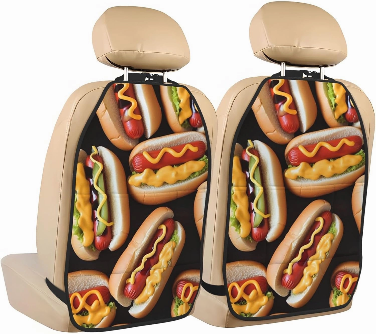 Kick Mat Back Seat Protector for Car 2 Pack Extra Large Car Back Seat Cover with 3 Storage Pockets Waterproof Seat Back Protector Fun Food Hot Dogs Backseat Car Organizer for Trucks SUV
