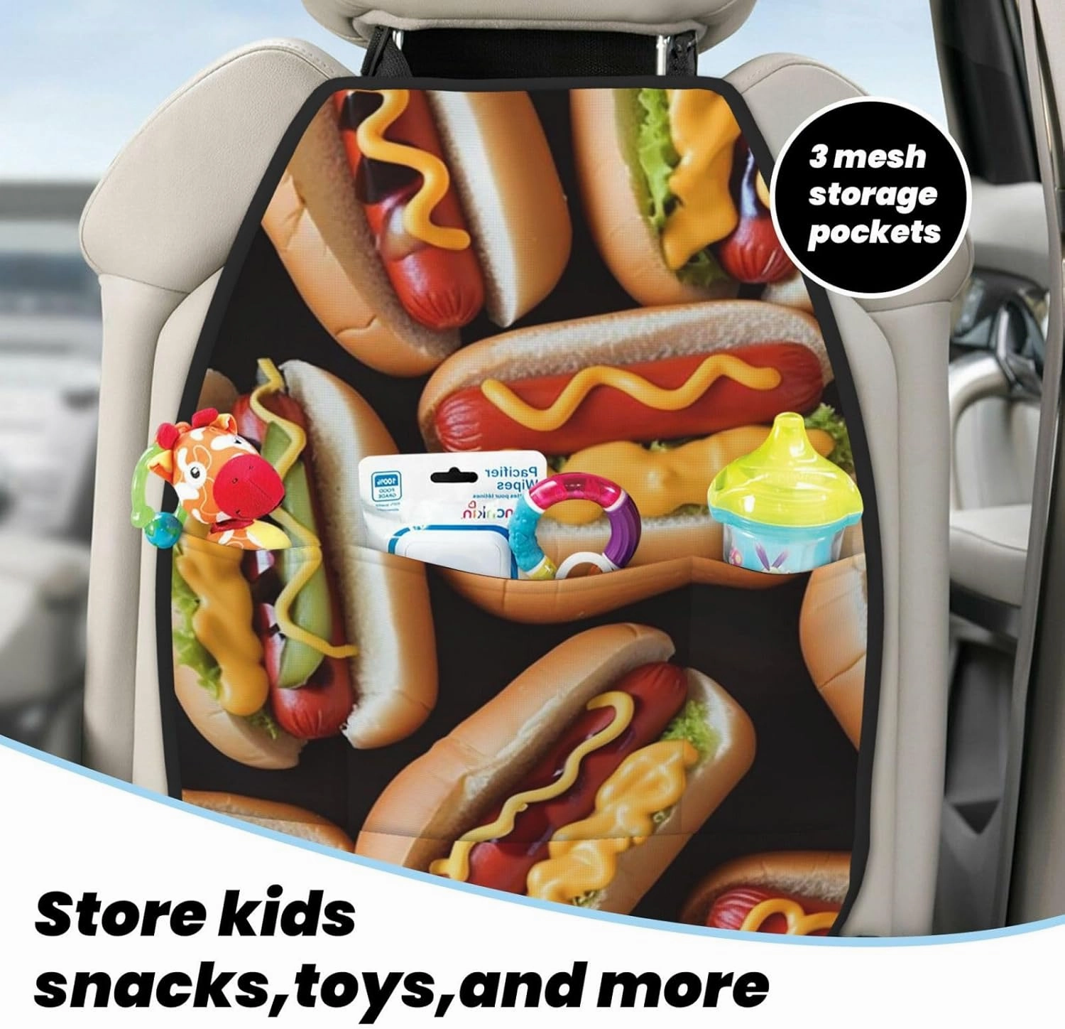 Kick Mat Back Seat Protector for Car 2 Pack Extra Large Car Back Seat Cover with 3 Storage Pockets Waterproof Seat Back Protector Fun Food Hot Dogs Backseat Car Organizer for Trucks SUV