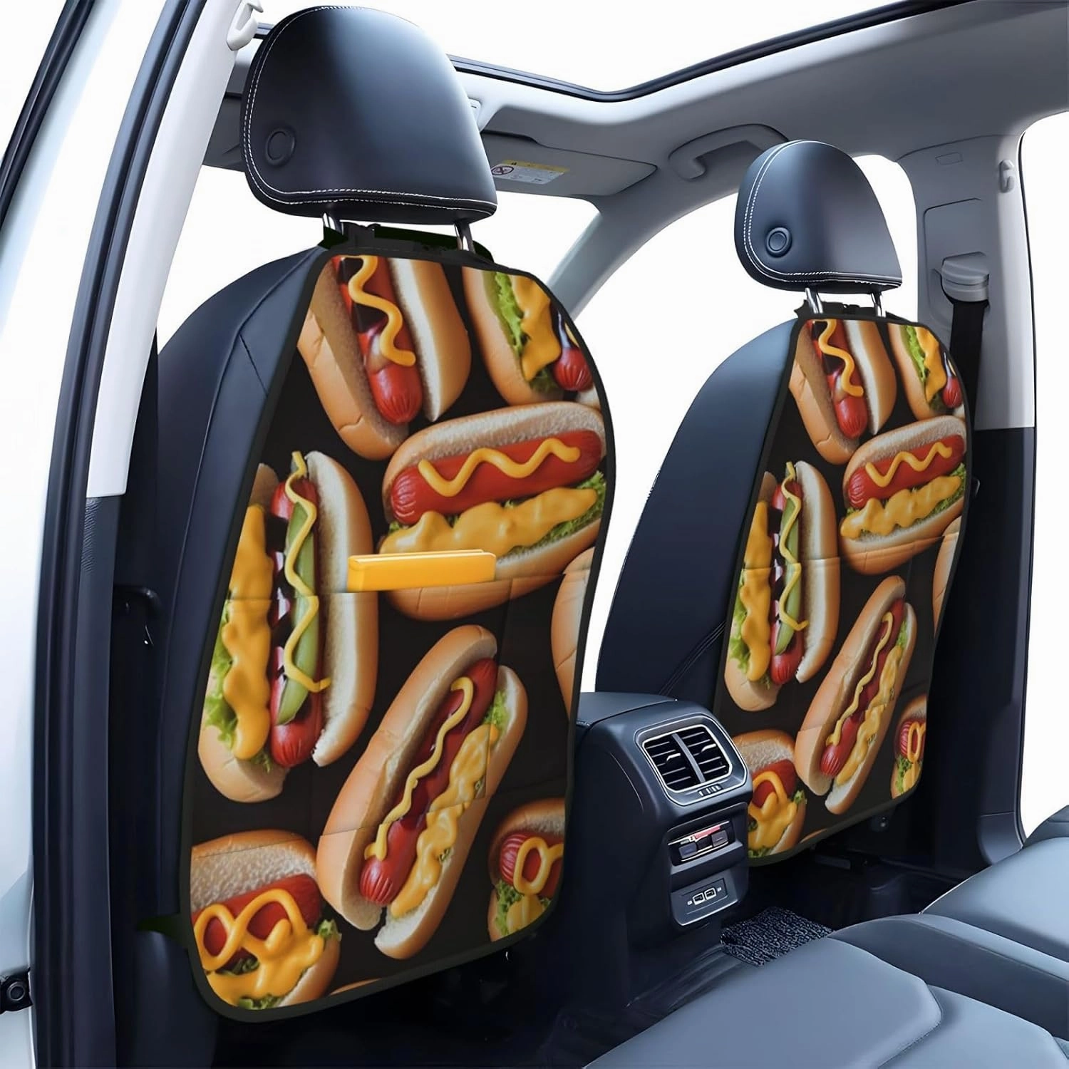 Kick Mat Back Seat Protector for Car 2 Pack Extra Large Car Back Seat Cover with 3 Storage Pockets Waterproof Seat Back Protector Fun Food Hot Dogs Backseat Car Organizer for Trucks SUV