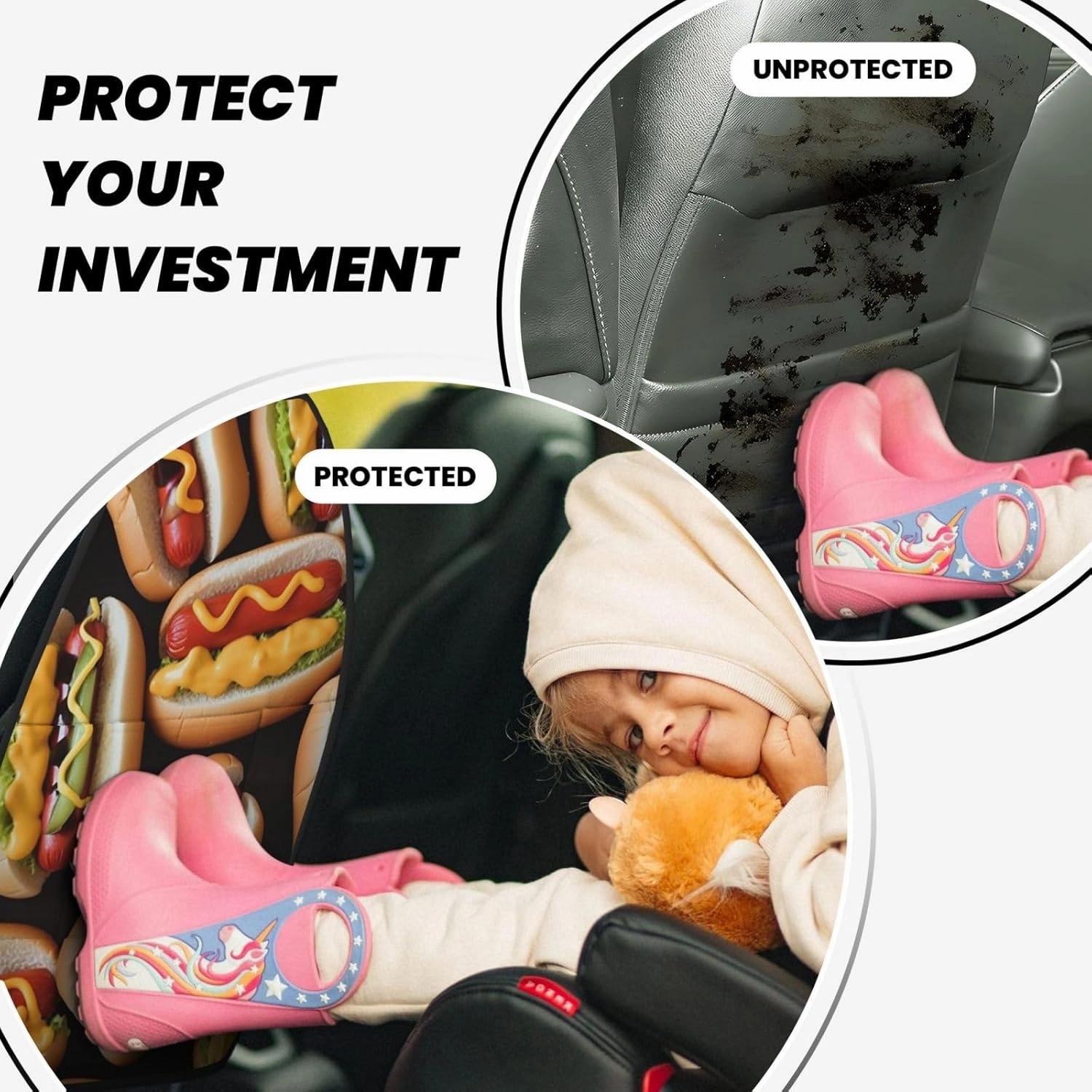 Kick Mat Back Seat Protector for Car 2 Pack Extra Large Car Back Seat Cover with 3 Storage Pockets Waterproof Seat Back Protector Fun Food Hot Dogs Backseat Car Organizer for Trucks SUV
